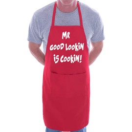 print4ucouk Mr Good Lookin Is Cookin Novelty Cooking Funny Unisex Apron Red