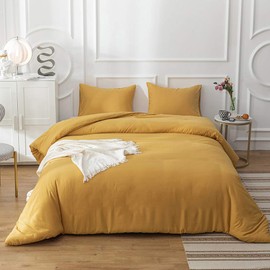 CLOTHKNOW Mustard Yellow King Size Comforter Set 3Pcs Dark Yellow Bedding Comforter Sets Soft All Season Cozy Turmeric Comforter with 2 x Pillow Cases