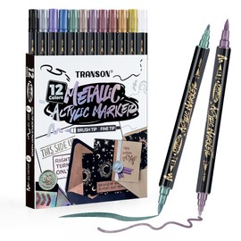 TRANSON 12Colors Metallic Paint Markers Brush and Fine Dual-tip for Rock Wood Ceramic Canvas DIY Painting Drawing