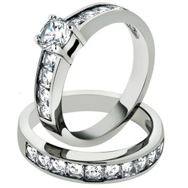 Marimor Jewelry 3.25 Carat Cubic Zirconia Stainless Steel 316 Engagement Wedding Ring Set Size 9