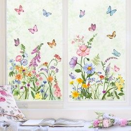 wondever Window Sticker Garden Flowers Window Sticker Poppy Butterfly Window Stickers Anti-Collision Double-Sided Glass Sticker Spring Summer Glass Decoration