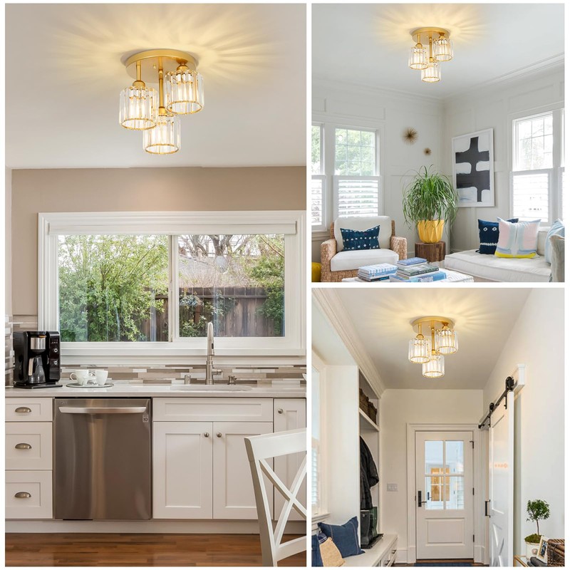 PAUFUL Modern Semi Flush Mount Ceiling Light,3-Light Golden Crystal Close