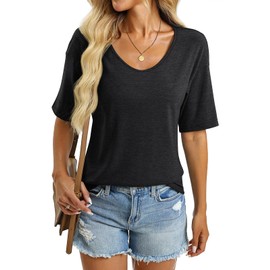 EasyGala Women's V Neck Tops Elbow Length Shirts Loose Fit Summer Tops Basic Tees (Half Sleeve) A Black X-Large