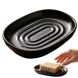 Houlishu Ceramic Soap Dish, Modern Black Bar Soap Holder for Shower & Bathroom, Easy to Clean Oval Sponge Tray for Kitchen Sink, Jewelry & Small Items