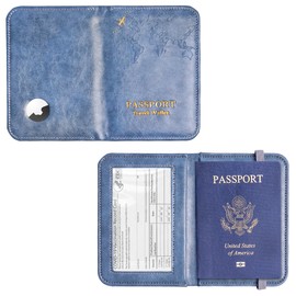 Jasenna Passport Holder with Airtag Slot, Airtag Passport Wallet for Men Women, Slim Leather Passport Holder Case Family for Travel Anti-Lost(1-Grey Blue)