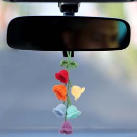 sourcing map Crochet Car Hanging Accessory, Handmade Ornament with 6 Cute Little Lily of the Valley Flowers for Car Decor Bag Keychain, Red/Orange/Yellow/Aqua/Blue/Dark Purple