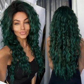 GNIMEGIL Long Curly Wigs for Women Deep Emerald Green Ombre Wig