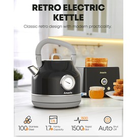 Amaste Electric Kettle, Retro Electric Tea Kettle With Thermometer, 57 Oz Hot Water Kettle For Coffee & Tea, 304 Stainless Steel, 1500w Fast Boiling, Auto Shut-Off & Boil Dry Protection, Black