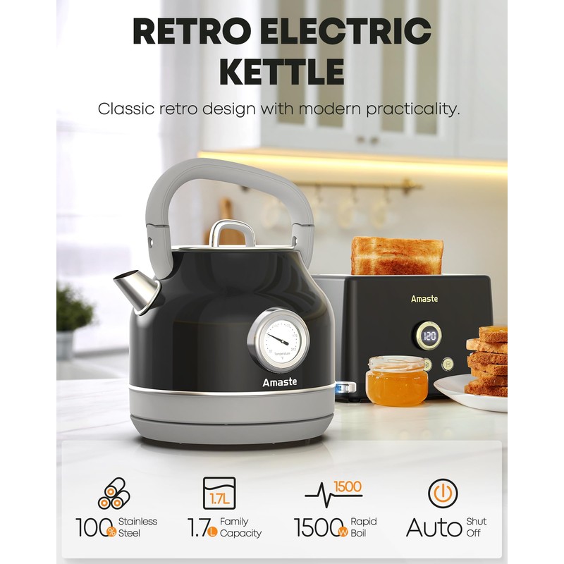 Amaste Electric Kettle, Retro Electric Tea Kettle With Thermometer, 57