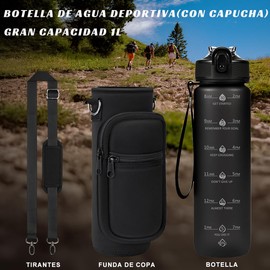 MOYAC Botella de Agua con Funda Protectora, Botella de Agua 1 Litros con Pajita, Asa, Correa para el Hombro, Función de Apertura con un Botón, para Fitness, Viajes, Escuela, Oficina (Negro)