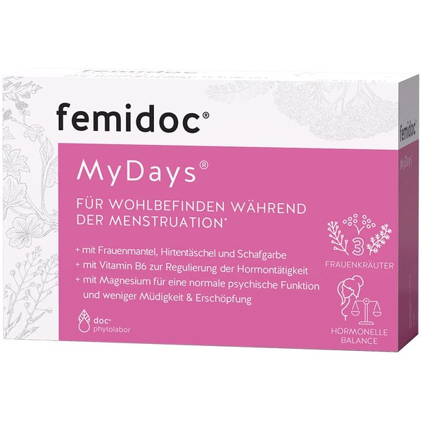 femidoc MyDays Capsules for Women During Menstruation, Pack of 20, with Women's Coat, Shepherd's Bag, Yarrow, Vitamin B6 and Magnesium, Vegan