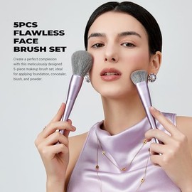 Jessup Brochas de maquillaje para la cara 5 piezas, juego de brochas sintéticas premium para base, contorno, rubor, iluminador y polvo, lujo color púr