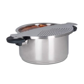 Relaxdays Abgießhilfe Edelstahl, HxB: 32,5 x 13 cm, Schöpfsieb, für Töpfe und Schüsseln, platzsparend, Metall, silber