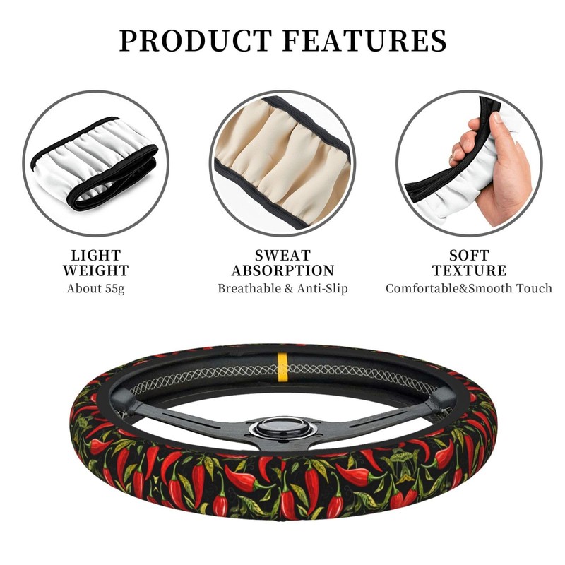 Chili-Peppers Steering Wheel Covers,Anti Slip Sweat Absorption Elasticity Car Accessories
