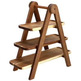 Elama Acacia Wood 3 Tiered Rectangular Ladder Tray Serving Set, Cupcake Tray, Serveware Set, Decorative