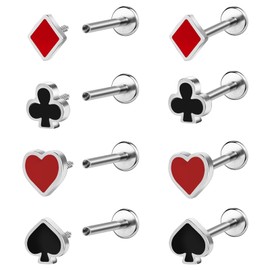 BodyAce Poker Lip Ring 16G Labret Studs, Stainless Steel Flat Back Earrings for Women Cartilage Stud, Casino Tragus Piercing Playing Cards Helix Jewelry [BL:8mm;]