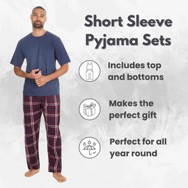 Style It Up Mens Woven Pyjamas Cotton PJ Set Short Sleeve Crew Lounge Top Soft Check Pants (Black, Black-Green, X-Large)