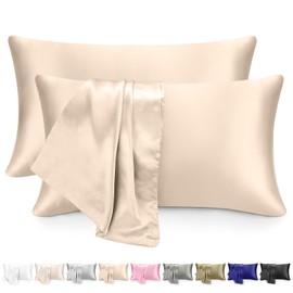 Satin Pillowcase for Hair and Skin, Silk Satin Pillowcase 2 Pack, Soft Silky Cooling Satin Pillow Covers with Envelope Closure (Champagne, Queen(20"x30"))