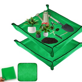 Plant Mat Set of 2, 100 x 100 cm, Green, Plant Mat, Waterproof Repotting Mat Made of Plastic, Foldable, Ideal for Gardening, Balcony, Greenhouse, Practical for Gardeners, Hobby Gardeners and Plant
