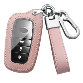 HIBEYO Smart Key Fob Cover Fit for Toyota Land Cruiser 4Runner RAV4 Camry Highlander Real Leather Key Case Shell Protector fit for Toyota Car Accessories Key Chain-A Keychain Pink