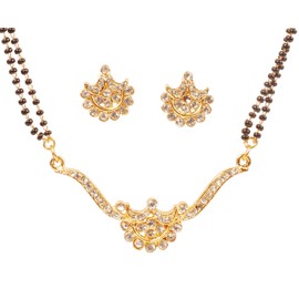 Touchstone Indian Bollywood Style Rhinestone Zirconia CZs Black Beads Symbolic Designer Jewelry Mangalsutra Set in Gold Or White Tone for Women., Rhinestone, No Gemstone