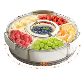 riyeloi Divided Serving Tray with Lid and Handle, Stackable Snackle Box Container for Fruits Candy Organizer, Portable Spinning Rounded Veggie Tray for Kitchen, Party, Trave and Picnic-1 Pack