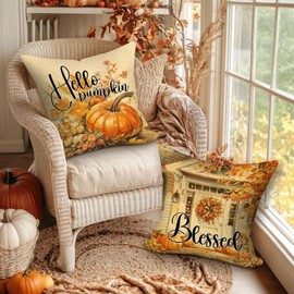 Benjia Fall 20x20 Throw Pillow Covers Set of 4, Watercolor Pumpkin hut car Decorative Holiday Pillow Case 20 x 20 Autumn Cushion Covers Thanksgiving Pillowcase for Indoor Home Bedroom Sofa Decor