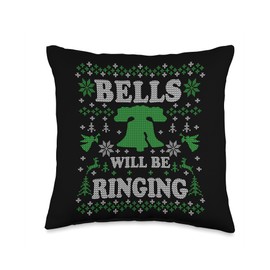 VINTAGE RETRO PHILADELPHIA PHILLY THROWBACK GIFTS Bells Will Be Ringing Philly Fan Philadelphia Ugly Christmas Throw Pillow, 16x16, Multicolor