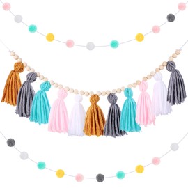Syhood 3 Pcs Boho Tassel Garland Decor 1 Boho Tassel Garland with Wood Beads and 2 Western Colorful Pom Pom Ball Decor for Baby Shower Home Party Wall Hanging Gifts(Simple Colors)