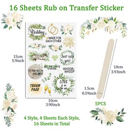 WANDIC 16 Sheets Wedding Transfer Stickers for Rubbing, Waterproof Stickers, Stickers for Diary, Album, Furniture, Crafts, Transfer Stickers for DIY Scrapbooking