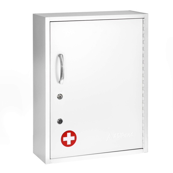 AdirMed Medicine Cabinet with Pull-Out Shelf & Document Pocket - Large Dual Lock Wall Mounted Steel Medical Organizer - Safe and Secure Storage for Medicine First Aid and Emergency Kit (White)