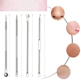 Acne Needle Set, Set of 4, Pore Care Kit, Acne Removal, Blackhead Removal, Corner Plug Pusher, Antibacterial Stainless Steel, Beauty Tool, Storage Case Included, Convenient to Carry, Silver