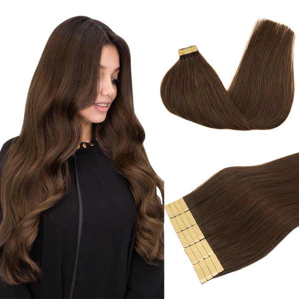 DOORES Human Hair Extensions Chocolate Brown Tape in Hair Extensions 18 Inch 50g 20pcs Natural Remy Hair Extensions Seamless Straight Real Hair