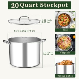 Leonyo 20QT Stock Pot, 18/10 Stainless Steel Soup Pot With Lid, Heavy Duty Induction Pot Compatible with All Stoves, Food Grade Cookware for Pasta, Seafood, Spaghetti, Non Stick & Tri-Ply Base