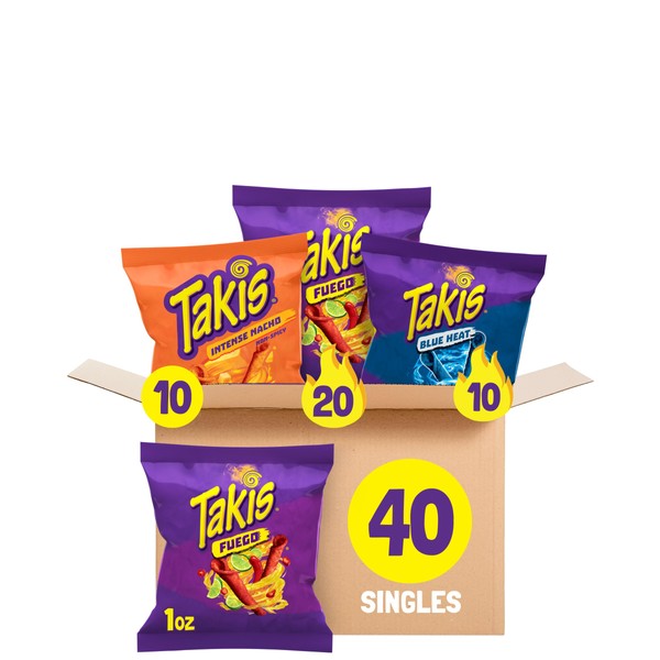 Takis Fuego (20), Blue Heat (10) and Intense Nacho (10) Rolled Tortilla Chips, Hot Chili Pepper Lime, Hot Chili Pepper and Nacho Flavored Chips Hero Pack Variety Pack, 40 Individual Bags, 1 Ounce Each