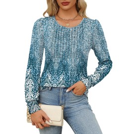 Womens Tops Dressy Casual Paisley Print Boho Trendy Fall Fashion Long Sleeve Shirts Plus Size Blue XL