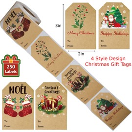 Christmas Gift Tags, Christmas Tags, 250PCS Christmas Labels, Holiday Present Stickers Christmas Gift Tags Stickers Adhesive Christmas Santa Presents Labels to from Name Tags for Gift