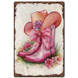 SUPERDANT Cowboy Boots Metal Signs Pink Bow Tie Tin Signs Preppy Western Vintage Tin Signs Vintage Wall Art Funny Retro Decor for Bedroom Dormitory Bar Club Living Room Retro Metal Decoration