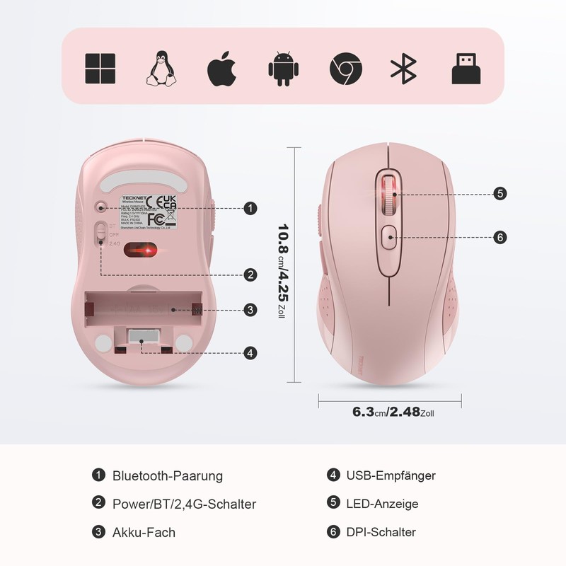 TECKNET Maus Kabellos, Bluetooth Maus (Tri-Mode: BT 5.0/3.0+2.4GHz) Funkmaus mit