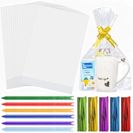 Weithewei Cellophane Bags, 8 * 11 Inch 50pcs Clear Cellophane Bags with 60pcs Colorful Pull Bows&100pcs Colorful Ties,Flat Bottom Clear Cookie Bags for Packing Goods of Christmas, Birthday.