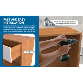 Pair of Rok Hardware Side Mounted 11-1/4" (285.5mm) Screw-On, Plastic Drawer Rails/Guide Rails with 3/4" Extension, for Drawers with 21/32" (17mm) Groove, White Finish, D10751034