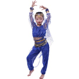 Astage Little Girl`S Belly Dance Costumes,Long Sleeve Highlights Top,Pants Royal Blue L (9Y-11Y)