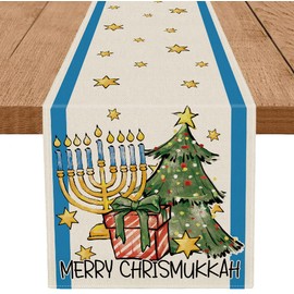Merry Chrismukkah Table Runner Menorah Star of David Jewish Christmas Tree Chanukah Xmas Festival Home Kitchen Dining Table Decoration 13x72 Inch