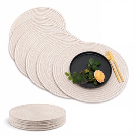 CAMPHOME Boho Beige Woven Placemats for 8,Washable Non-Slip TableMats Set of 8, Round Braided Placemats for Outdoor Patio & Farmhouse Boho Decor 15 Inch(Beige,8)