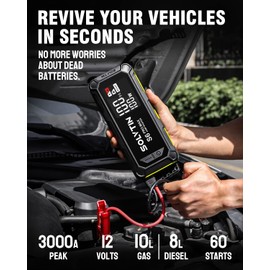 SOLVTIN S6 Pro Max Battery Jump Starter 3000A, Portable Jump Box for Up to 10L Gas and 8L Diesel Engine with LED Display, 12V Car Battery Booster Pack with 100W Two Way Fast Charging
