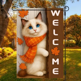 BlissYard Thanksgiving Fall Garden Flag 12x18 Inch Welcome Blue Eyed Cat Outdoor Flag Double Sided Autumn Kitten Yard Banner with Orange Scarf Pet Decor for Porch Lawn Patio