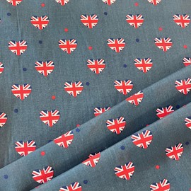 Union Jack Hearts Print Polycotton Fabric, VE Day Design, 112cm Wide, Denim Blue