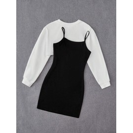 COZYEASE Girls' 2 Piece Outfits Drop Shoulder Long Sleeve Crop Top Pullover and Graphic Cami Bodycon Dress White 8Y