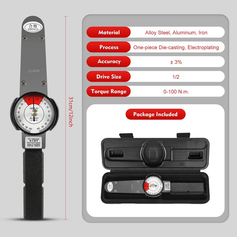 QUEMARQUE Dial Torque Wrench 0-100Nm, 1/2" Drive Precision Tool, ±3%