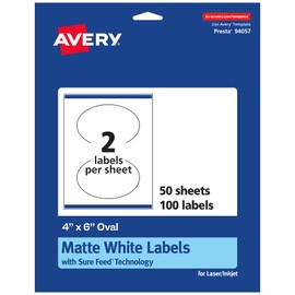 Avery Matte White Oval Labels with Sure Feed, 4" x 6", 100 Matte White Printable Labels
